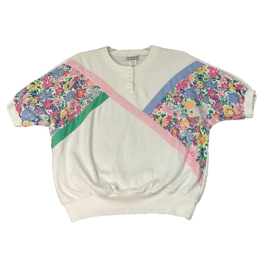 VTG Koret Francisca Floral Patchwork Waffle‎ Ribbed Color Block Shirt Sz M